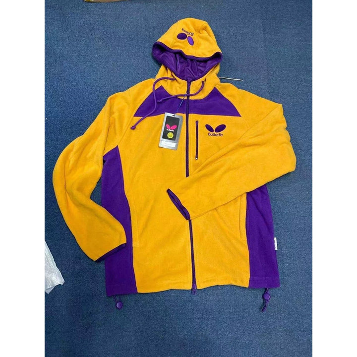 Butterfly Fleece Ping Pong Jacket – Yellow & Purple Classic Hooded Windbreaker with Embroidered Logo 0615