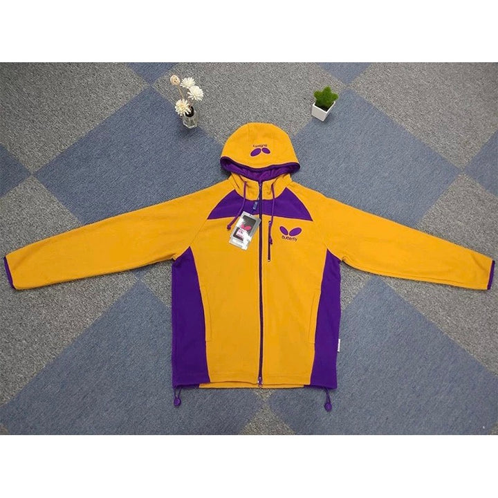 Butterfly Fleece Ping Pong Jacket – Yellow & Purple Classic Hooded Windbreaker with Embroidered Logo 0615