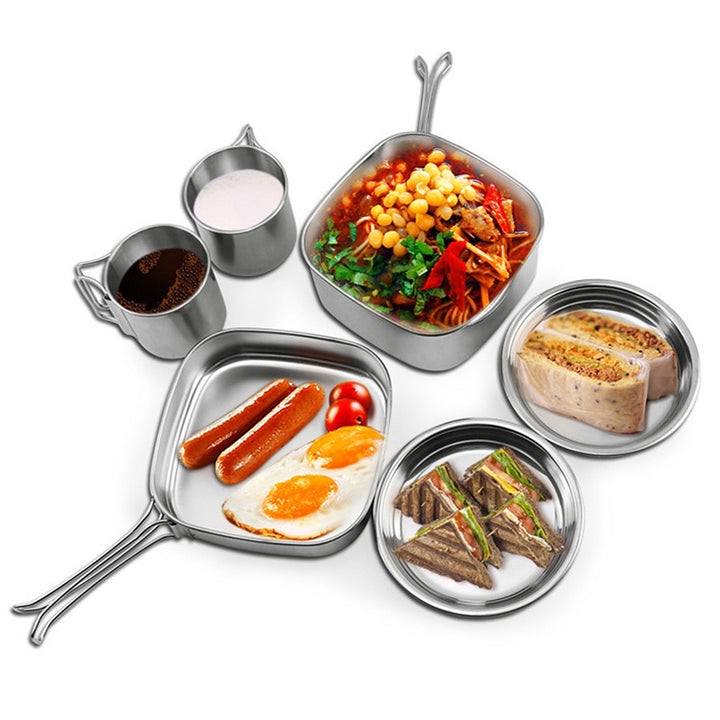 Six Pieces Stainless Steel Lunch Box Set Camping Pan Set CW-304 Portable Comes With Storage Bag